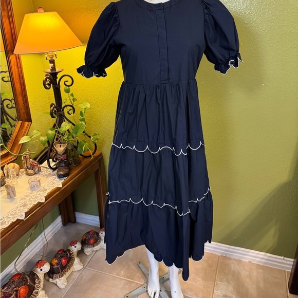 English Factory Navy Tiered Dress with Scalloped Trim - Picture 6 of 10